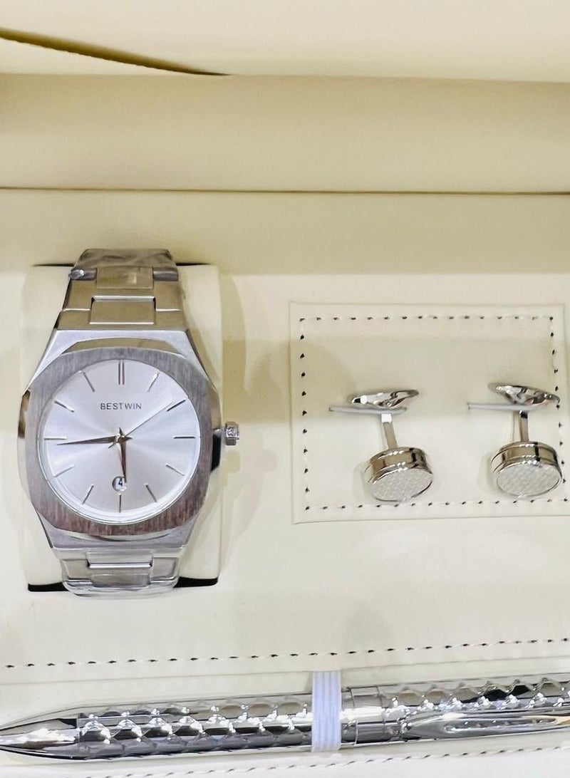 A gift set for men, an elegant and high-quality slim watch, a limited edition from Bestwin, a matte silver bracelet with a white dial (best selling)