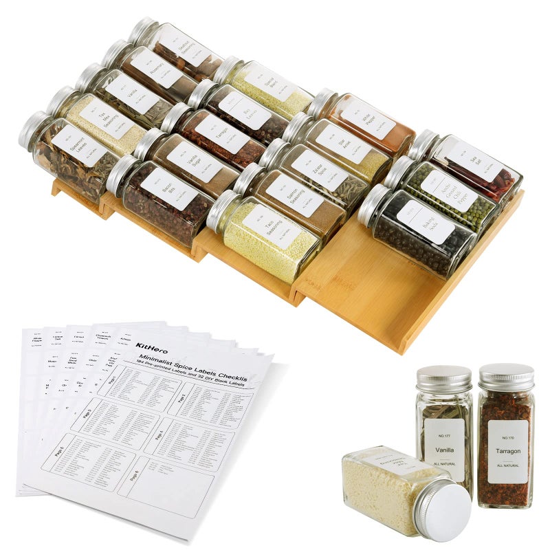 KitHero Spice Drawer Organizer with 18 Spice Jars216 Labels50 Nonslip Rubber Bamboo 4 Tier Seasoning Rack Tray Insert for Kitchen DrawersCabinetsCountertop9 Wide x 158 Deep