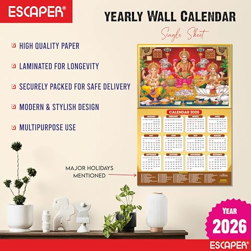 ESCAPER Laxmi Ji Religious Wall Calendar 2026 – 12 x 18 Inch, Laminated Hindu Calendar with Indian Holidays, Spiritual Wall Decor for Home, Office & Temple - Image 2