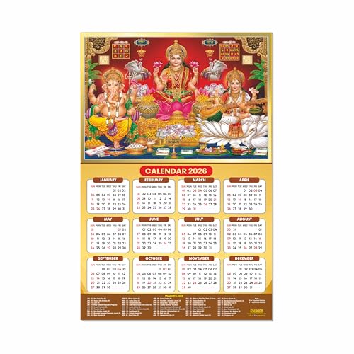 ESCAPER Laxmi Ji Religious Wall Calendar 2026 – 12 x 18 Inch, Laminated Hindu Calendar with Indian Holidays, Spiritual Wall Decor for Home, Office & Temple - Image 1