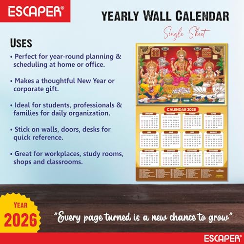 ESCAPER Laxmi Ji Religious Wall Calendar 2026 – 12 x 18 Inch, Laminated Hindu Calendar with Indian Holidays, Spiritual Wall Decor for Home, Office & Temple - Image 3