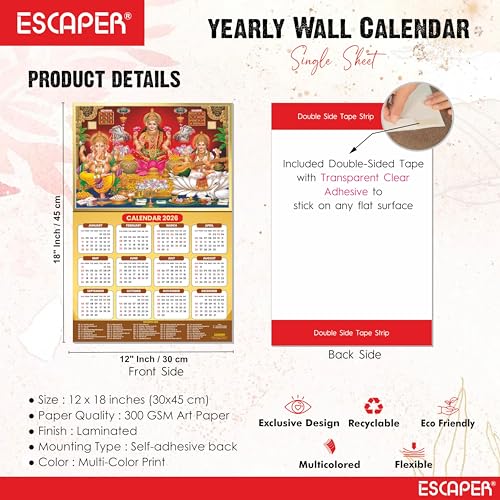 ESCAPER Laxmi Ji Religious Wall Calendar 2026 – 12 x 18 Inch, Laminated Hindu Calendar with Indian Holidays, Spiritual Wall Decor for Home, Office & Temple - Image 4