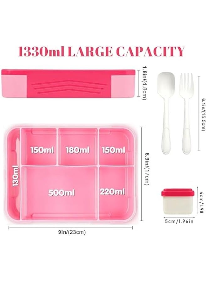 بيوينتي Lunch Box For Kids School, Bento Box Adult Lunch Box, Lunch Containers for Adults/Kids/Toddler, Leakproof with 1330ML-5 Compartment Microwave & Dishwasher(Pink) - Image 2