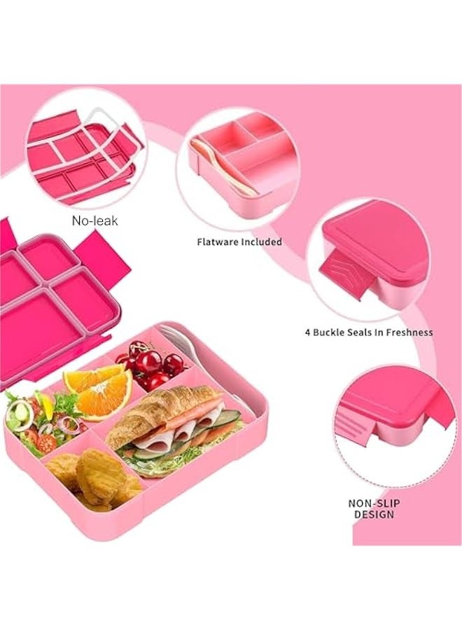 بيوينتي Lunch Box For Kids School, Bento Box Adult Lunch Box, Lunch Containers for Adults/Kids/Toddler, Leakproof with 1330ML-5 Compartment Microwave & Dishwasher(Pink) - Image 3