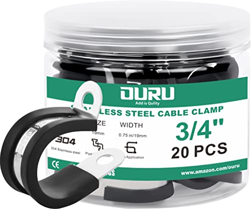 OURU 20pcs 3/4 Inch Stainless Steel Cable Clamps,Rubber Coated Cushioned Insulated Cable Clamp,Automotive Cable Wire Clamps,Pipe Clamps,Metal Clamp for Tube,Lines,Wire Cord Installation(Black,19mm) - Image 1