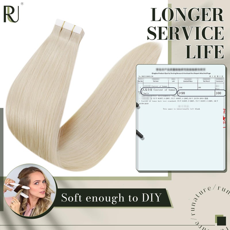 RUNATURE Blonde Tape in Hair Extensions Human Hair 18 Inch Tape in Extensions Platinum Blonde Tape Ins Human Hair Extensions Seamless Skin Weft Glue in Real Hair Extensions Can Be Dyed 50g 20pcs - Image 4