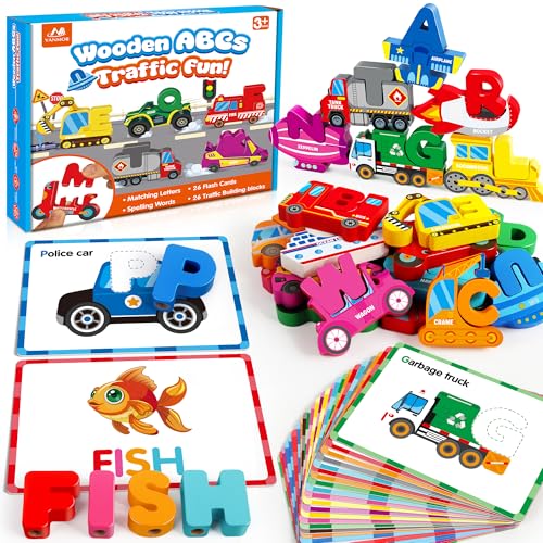 Vanmor Wooden Vehicle Alphabet Puzzle for Toddlers Traffic ABC Letter Sight Words Matching Game with 52 Blocks and Flash Cards Montessori Spelling Game Learning Toys Easter Basket Stuffers for Kids - Image 1