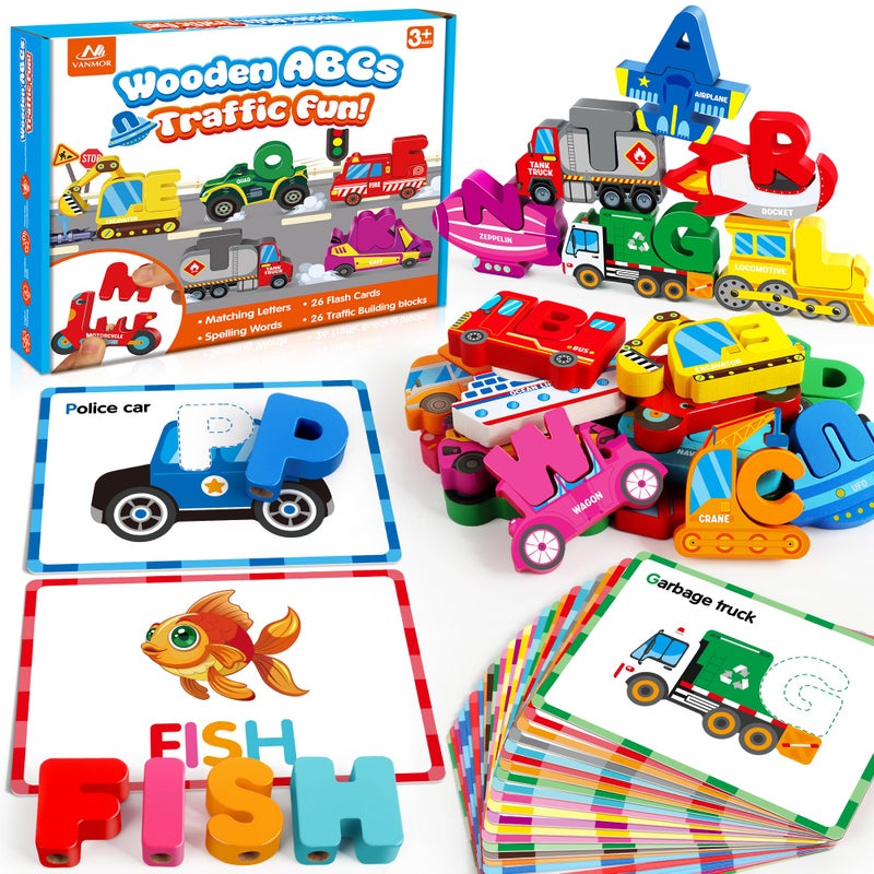 Vanmor Wooden Vehicle Alphabet Puzzle for Toddlers Traffic ABC Letter Sight Words Matching Game with 52 Blocks and Flash Cards Montessori Spelling Game Learning Toys Easter Basket Stuffers for Kids - Image 3
