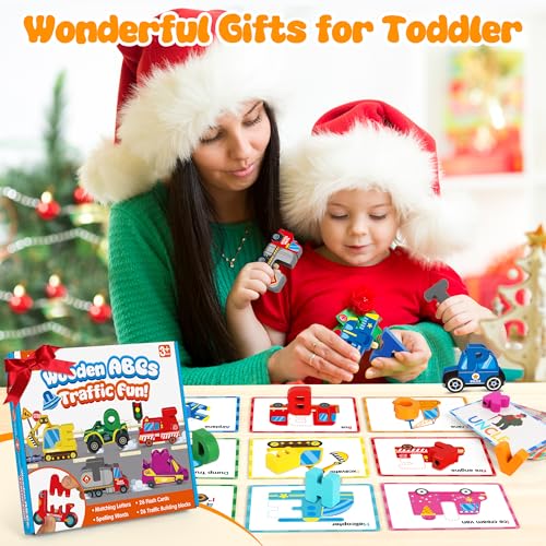 Vanmor Wooden Vehicle Alphabet Puzzle for Toddlers Traffic ABC Letter Sight Words Matching Game with 52 Blocks and Flash Cards Montessori Spelling Game Learning Toys Easter Basket Stuffers for Kids - Image 5