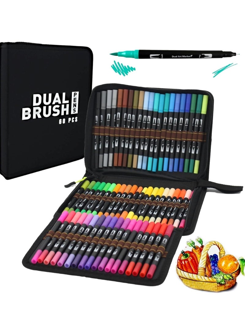 هويتك مجموعة أقلام مزدوجة الفرشاة مكونة من 60 قطعة مع حقيبة بسحاب للرسم والتلوين - Image 1