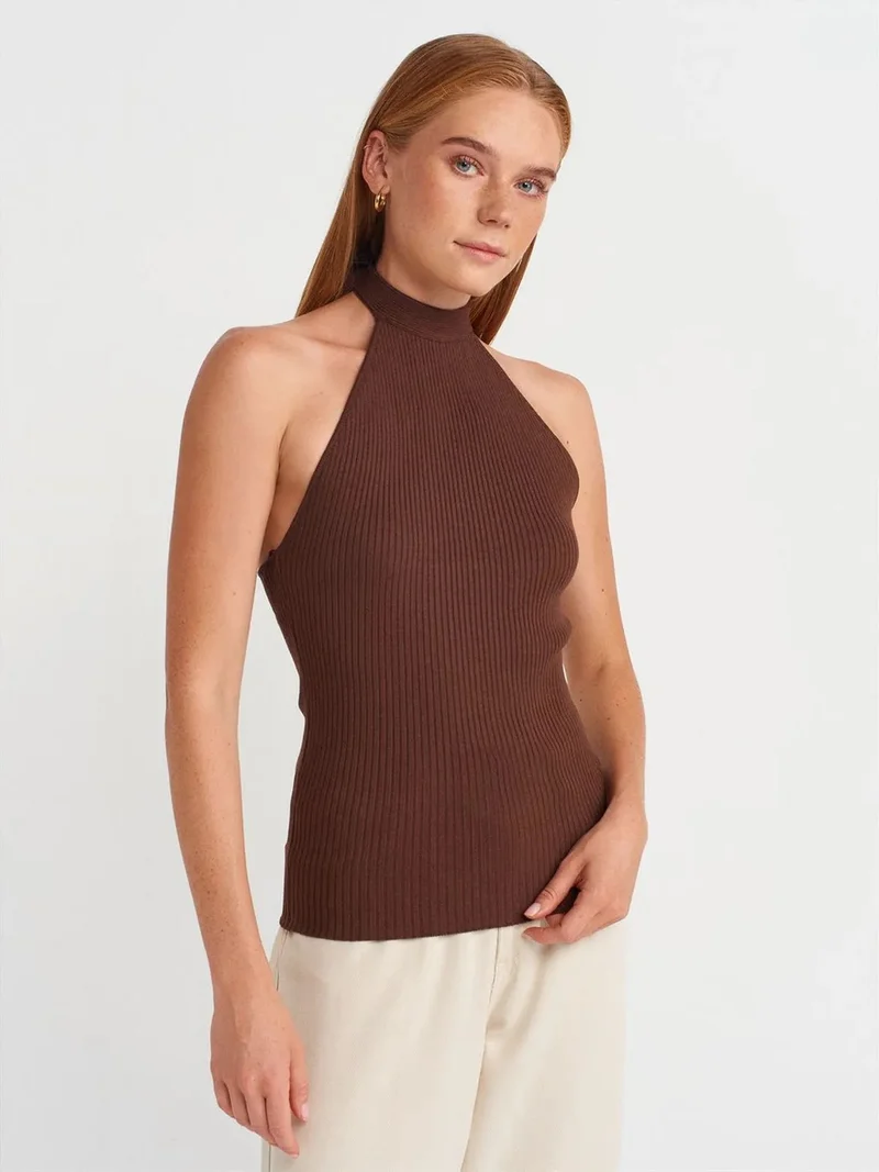 ديلفين DILVIN Ribbed Halterneck Slim-fit Blouse