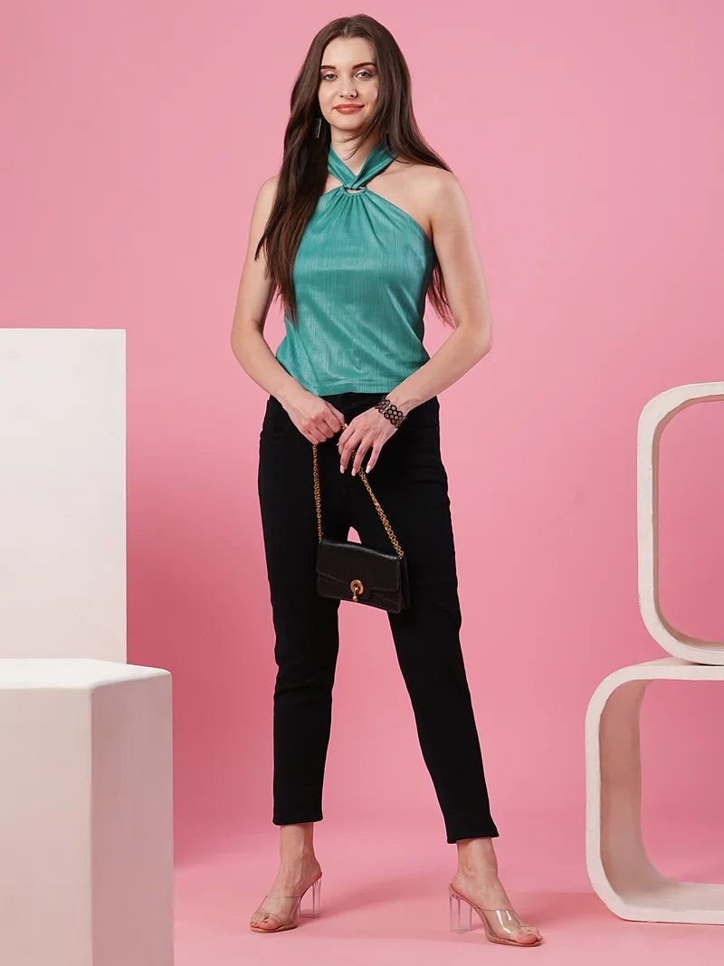 globus Women Teal Blue Vertical Striped Halter Neck Top