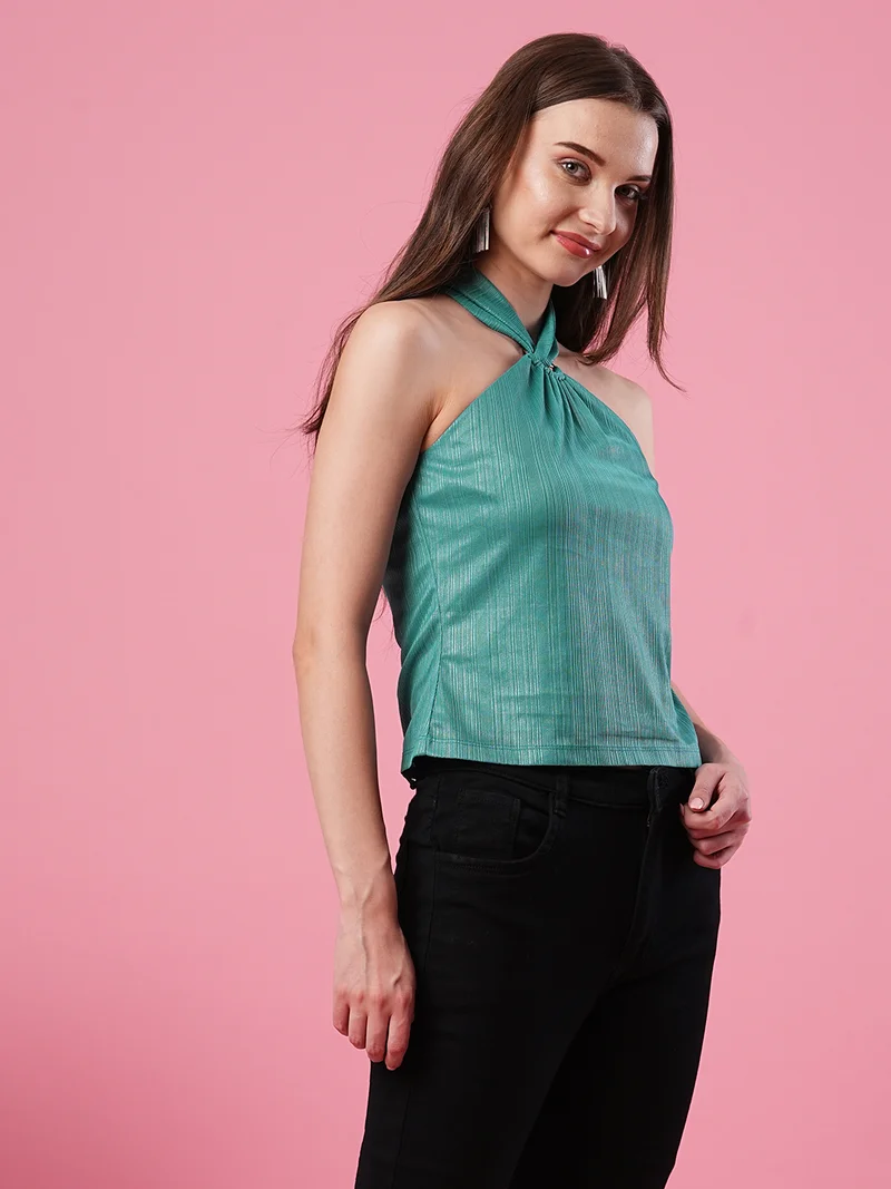 globus Women Teal Blue Vertical Striped Halter Neck Top