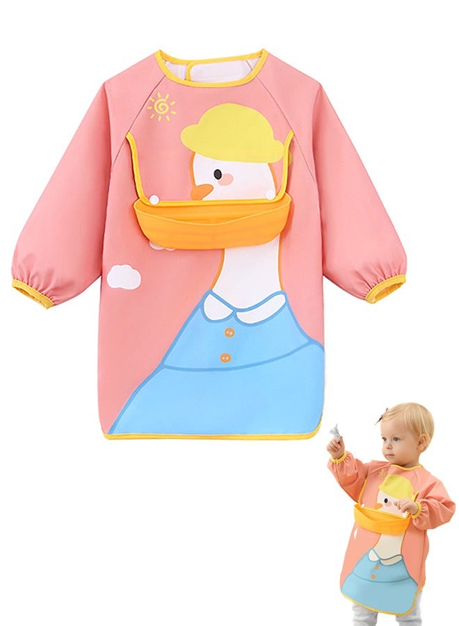 Beyond Long Sleeve Baby Bib Waterproof Feeding Bibs with Detachable Food Scraps Catcher Pocket (Pink+Yellow) - Image 1