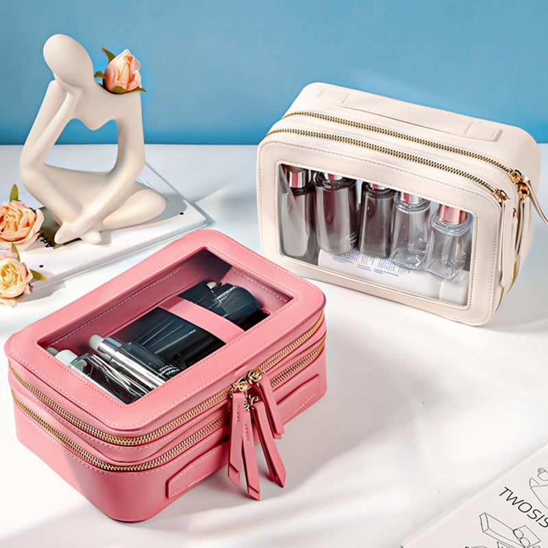 Transparent Women's Toiletry Bag Business Travel Waterproof Storage Large Capacity Handheld PU Double Layer Cosmetic Bag - Image 2