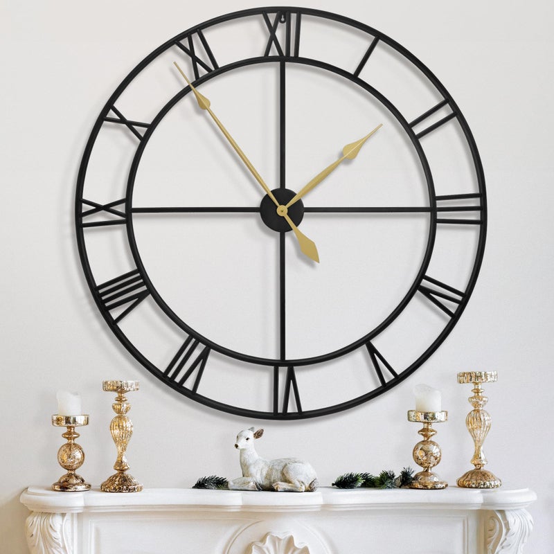 LEIKE 40 Inch Extra Large Modern Wall Clock Oversize Rustic Round Nearly Silent Battery Operated Black Metal Roman Numerals Wall Clocks for Living Room Bedroom Entrance Home Decor