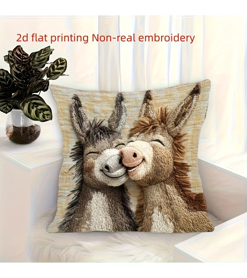 وسادة من الكتان بلون البيج الناعم 16 × 16 بوصة، ديكور منزلي كرتوني لطيف، هدية زفاف - Image 3