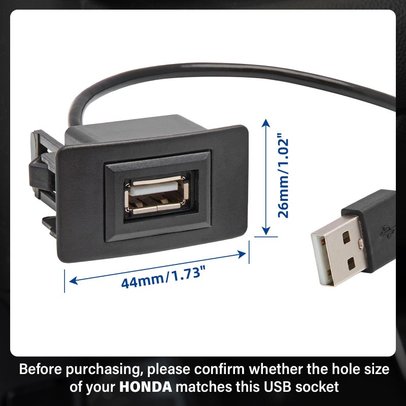Anina USB Port Car Charger for Honda, Male to Female USB Power Socket Adapter, Panel Flush Mount Extension Cable for Civic CRV Accord Jazz Odyssey, Square Vehicle Dash Port Kit (44 * 26mm) - Image 2
