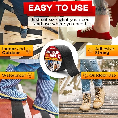 Trazon Grip Tape - Heavy Duty Anti Slip Tape for Stairs Outdoor/Indoor Waterproof 4Inch x 50Ft Safety Non Skid Roll for Stair Steps Ramp Traction Tread Staircases Grips Adhesive Non Slip Strips Walk Black - Image 4