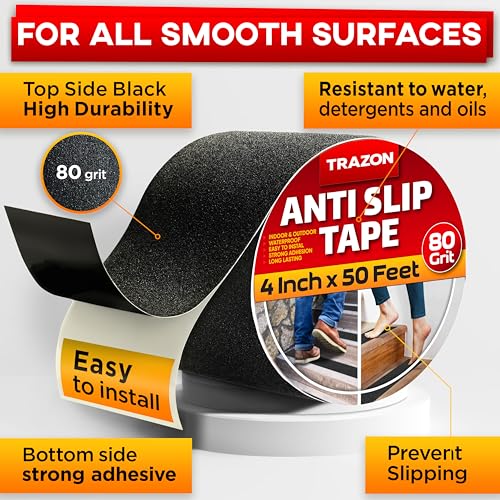 Trazon Grip Tape - Heavy Duty Anti Slip Tape for Stairs Outdoor/Indoor Waterproof 4Inch x 50Ft Safety Non Skid Roll for Stair Steps Ramp Traction Tread Staircases Grips Adhesive Non Slip Strips Walk Black - Image 2