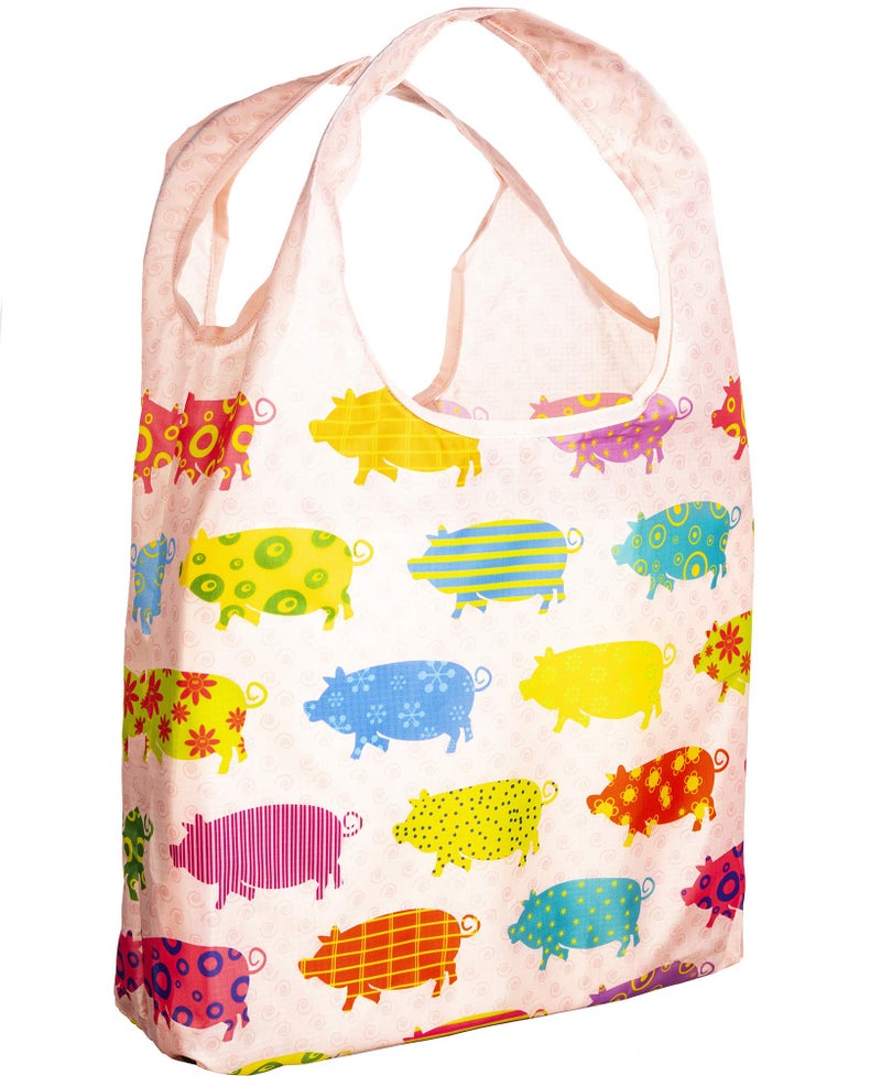 OWITZ Reusable Grocery Bags  Vibrant Tote Bag For Groceries Gym Office Beach Gear Toys  More  Washable Design With Large Handles For Maximum Convenience  Folds Into A Small Pouch Pig