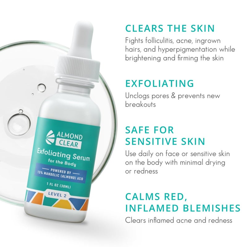 Almond Clear سيروم اللوز الواضح المستوى 2 | سيروم حمض الماندليك للجسم لعلاج حب الشباب، التهاب الجريبات الشعرية، شيخوخة الجلد، الشعر الناشئ، البقع الداكنة على الوجه، الصدر، المؤخرة، الظهر، الفخذين، الذراعين | 4 أونصات - Image 1