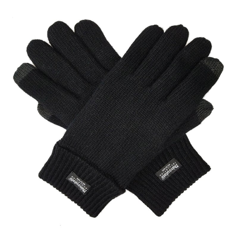 BRUCERIVER Men Pure Wool Knitted Gloves with Thinsulate Lining Size S/M (Black Touchscreen) - Image 1