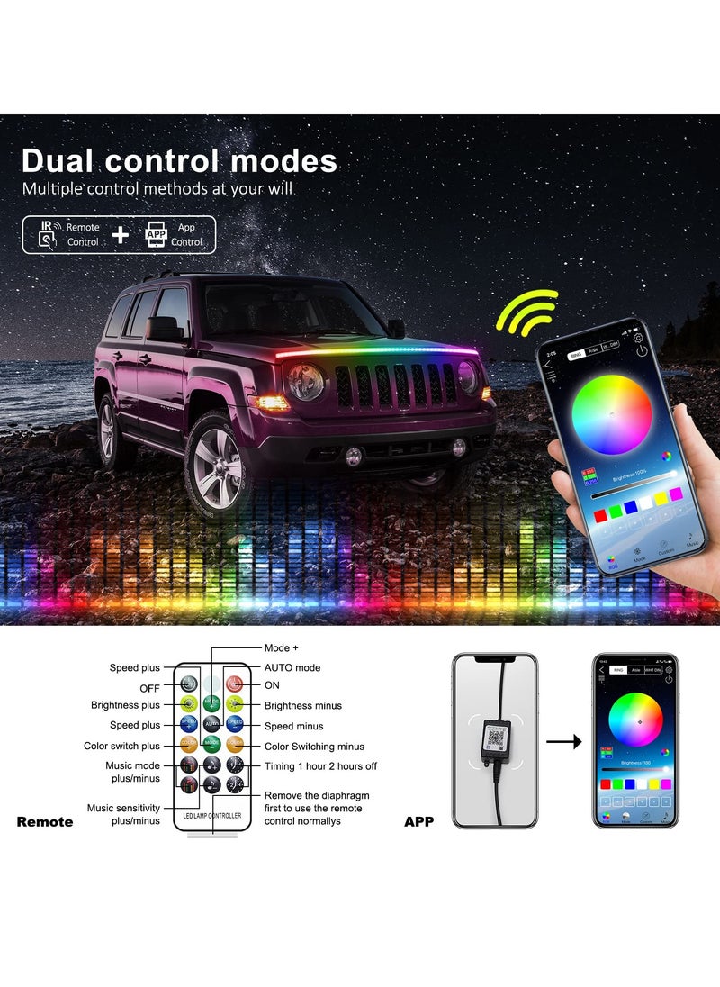 SYOSI Exterior Car LED Hood Light Strip, 59 IN Multi Color Car Under Hood Decoration Light Strips with Chasing, Flexible Waterproof Daytime Running Light Strip kit for Cars, SUVs, Trucks  - Image 4