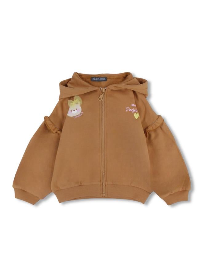 Pompelo Baby Girls Hooded Cotton Jacket – Mustard with Bear Head Embroidery - Image 1