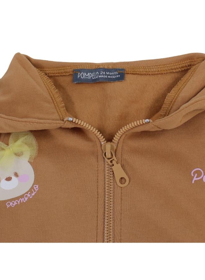 Pompelo Baby Girls Hooded Cotton Jacket – Mustard with Bear Head Embroidery - Image 3