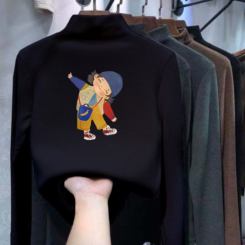 Children'S Long-Sleeved Half-High Collar Base Shirt Cartoon Printed Western Style Casual T-Shirt Baby Girl All-Match Top T-Shirt - Image 1