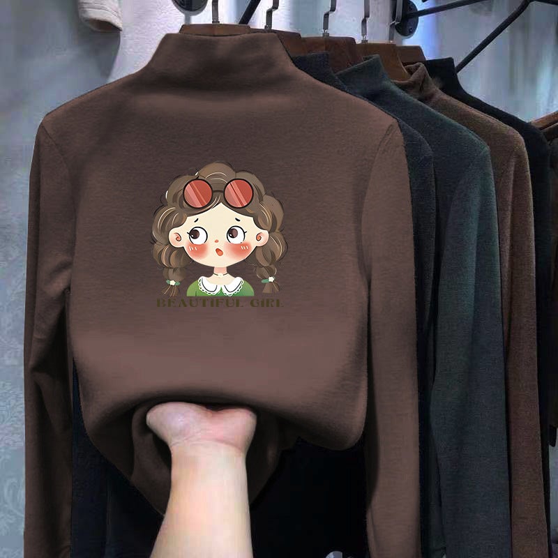 Children'S Long-Sleeved Half-High Collar Base Shirt Cartoon Printed Western Style Casual T-Shirt Baby Girl All-Match Top T-Shirt - Image 4