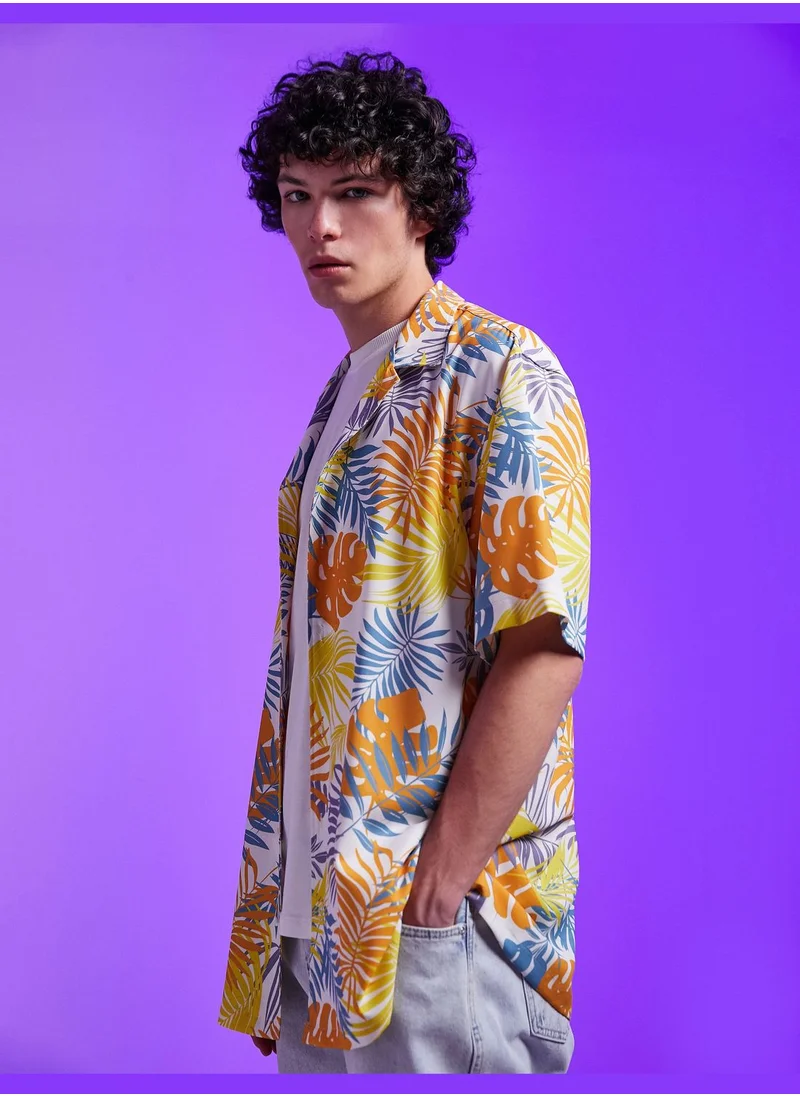 كوتون Leaf Patterned Short Sleeve Shirt