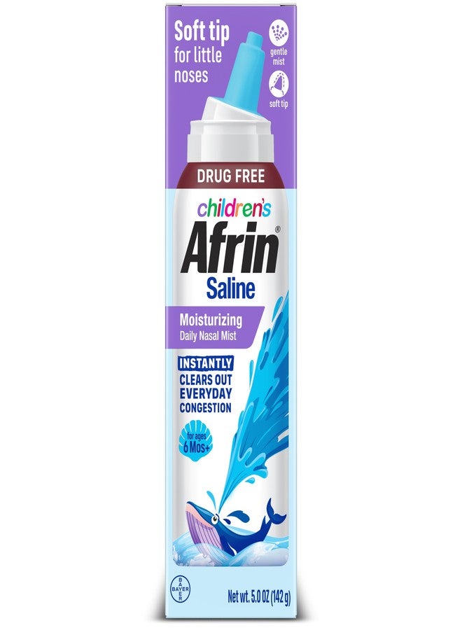 AFRIN Moisturizing Children’s Saline Mist for Everyday Nasal Congestion and Dry Nose, Isotonic Seawater Saline Nasal Rinse with Gentle Mist Soft Tip Nozzle, Drug Free Sinus Rinse for Dry Nose, 5 oz - Image 1