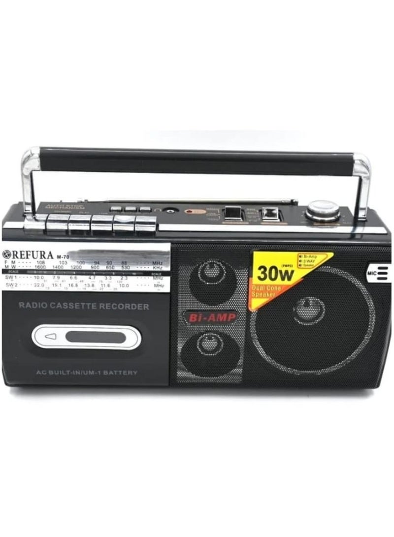 ريفورا مسجل كاسيت وراديو 30 وات أسود | يدعم USB / FM / SW1 / SW2-4 Band / مقبس سماعة الأذن M-70 - Image 1