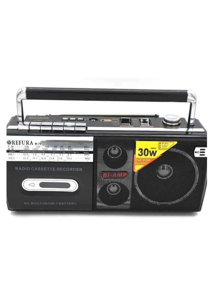 ريفورا مسجل كاسيت وراديو 30 وات أسود | يدعم USB / FM / SW1 / SW2-4 Band / مقبس سماعة الأذن M-70 - Image 2