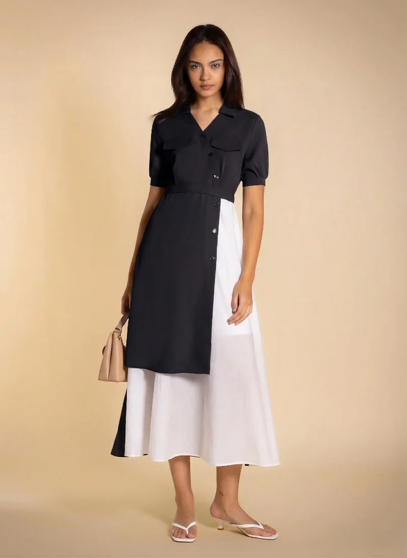 SHAPES DETAILED CONTRAST MIDI DRESS