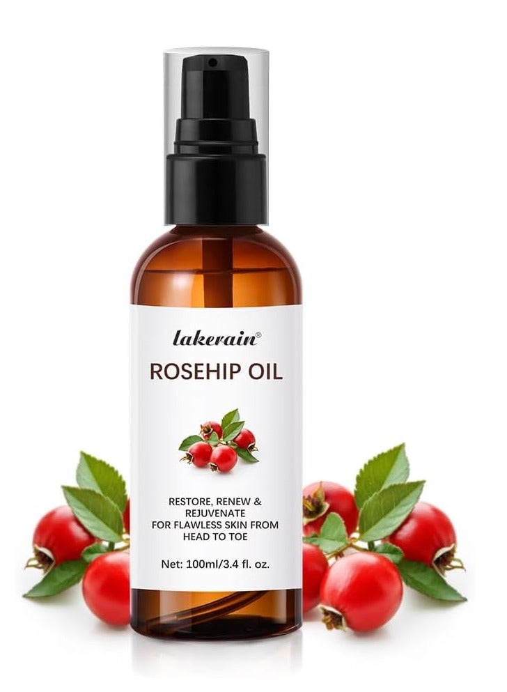 lakerain Rosehip Oil 100ml - Organic Cold Pressed Unrefined Rosehip Oil for Face, Skin & Hair - Nourishing & Moisturizing, Suitable for All Skin Types, Includes Massage Board - Image 1