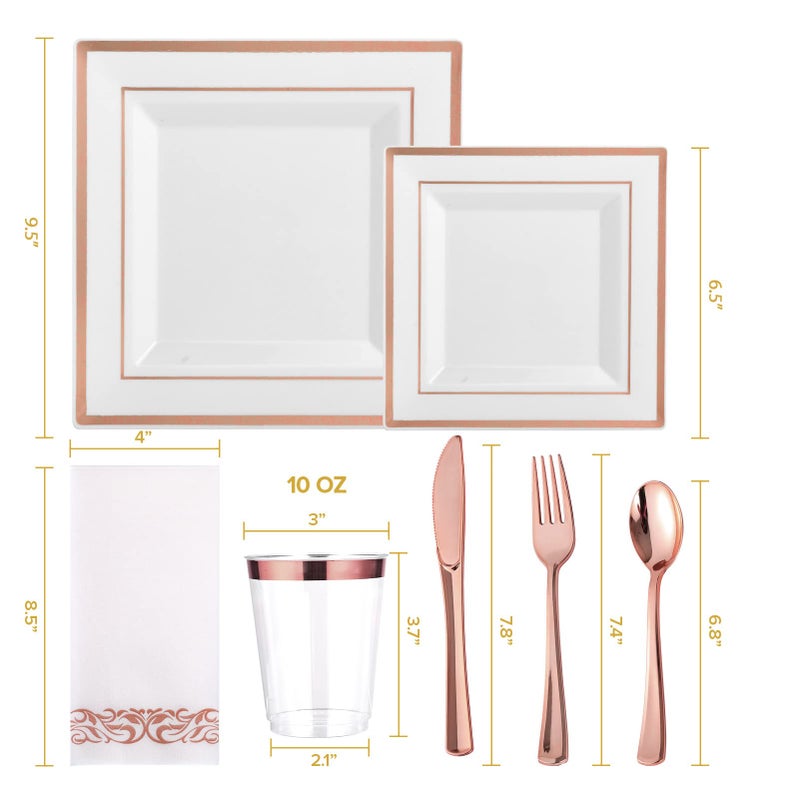 FOCUSLINE 175 Ct Rose Gold Dinnerware Set for 25 Guests - Square Plastic Plates with Rose Gold Rim  Includes 25 Disposable Dinner & Dessert Plates  Napkins  Cups  Cutlery Set for Wedding Parties - Image 2