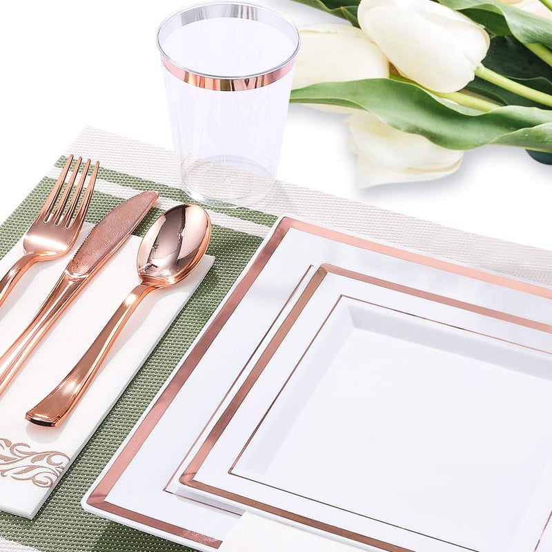 FOCUSLINE 175 Ct Rose Gold Dinnerware Set for 25 Guests - Square Plastic Plates with Rose Gold Rim  Includes 25 Disposable Dinner & Dessert Plates  Napkins  Cups  Cutlery Set for Wedding Parties - Image 3