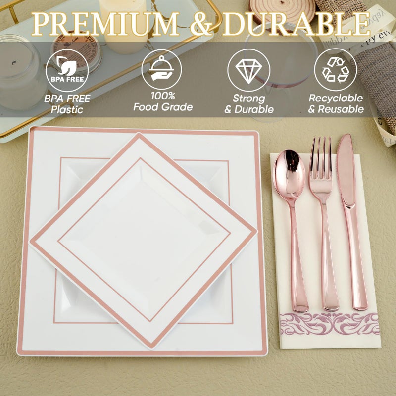FOCUSLINE 175 Ct Rose Gold Dinnerware Set for 25 Guests - Square Plastic Plates with Rose Gold Rim  Includes 25 Disposable Dinner & Dessert Plates  Napkins  Cups  Cutlery Set for Wedding Parties - Image 5