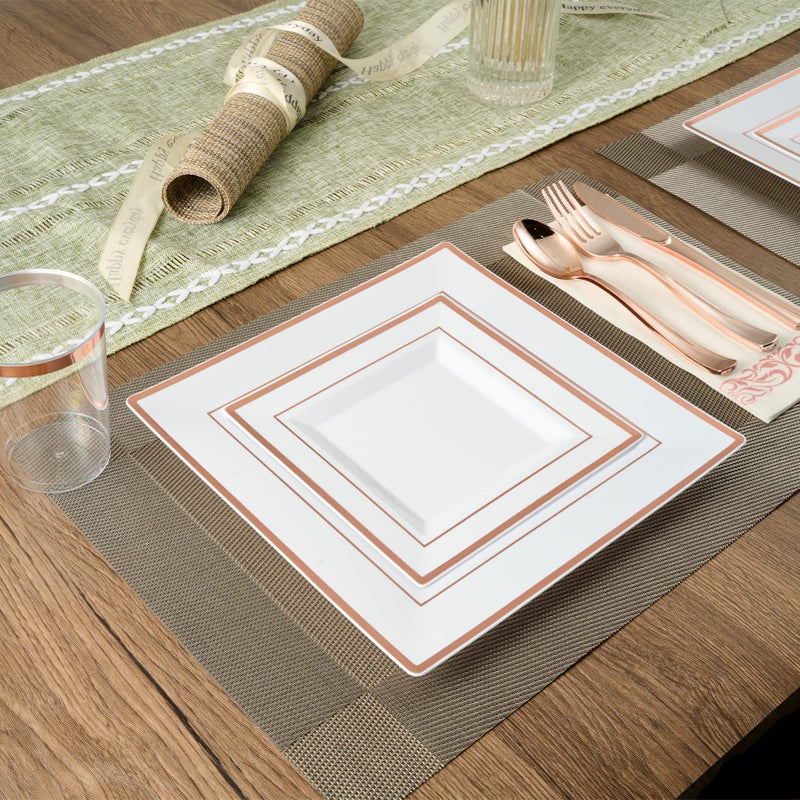 FOCUSLINE 175 Ct Rose Gold Dinnerware Set for 25 Guests - Square Plastic Plates with Rose Gold Rim  Includes 25 Disposable Dinner & Dessert Plates  Napkins  Cups  Cutlery Set for Wedding Parties - Image 4