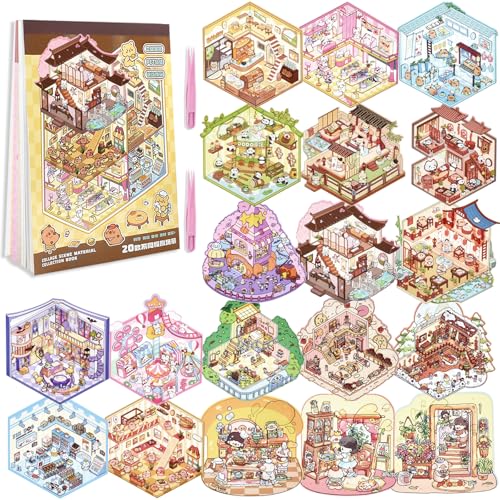 Aifong 20 Sets DIY 3D Sticker Scene Collection Book DIY 3D House Stickers Make Your Own Sticker Therapy Cute Cartoon Stickers Scenes for Relief Stress Pass The Time - Image 1