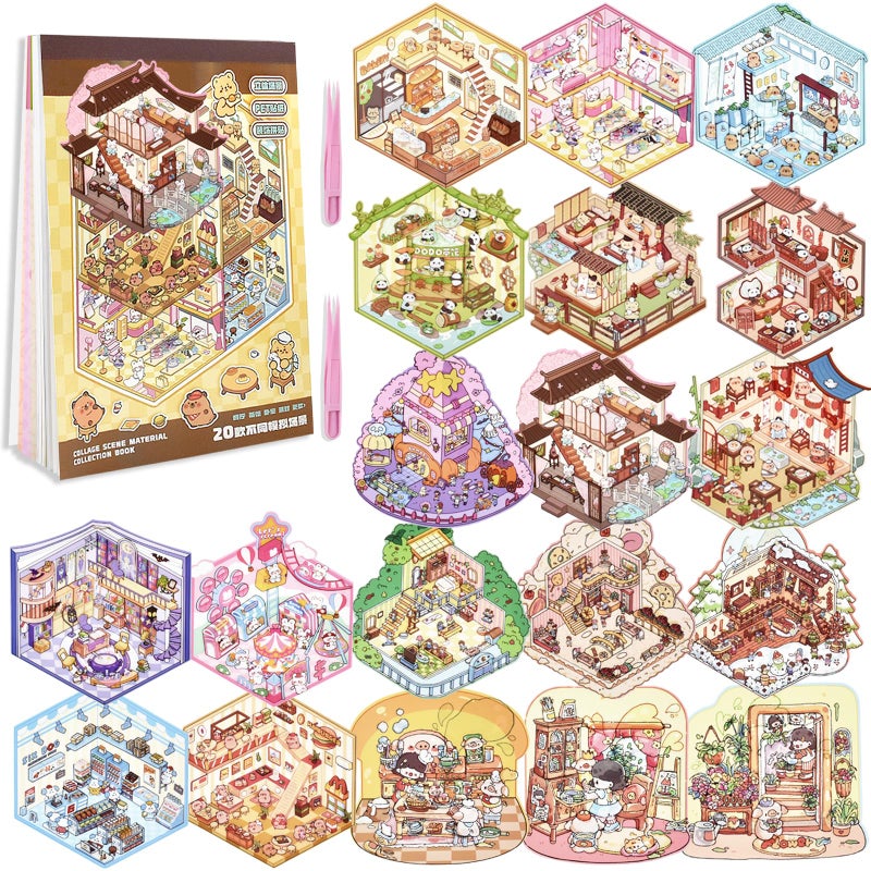 Aifong 20 Sets DIY 3D Sticker Scene Collection Book DIY 3D House Stickers Make Your Own Sticker Therapy Cute Cartoon Stickers Scenes for Relief Stress Pass The Time - Image 2