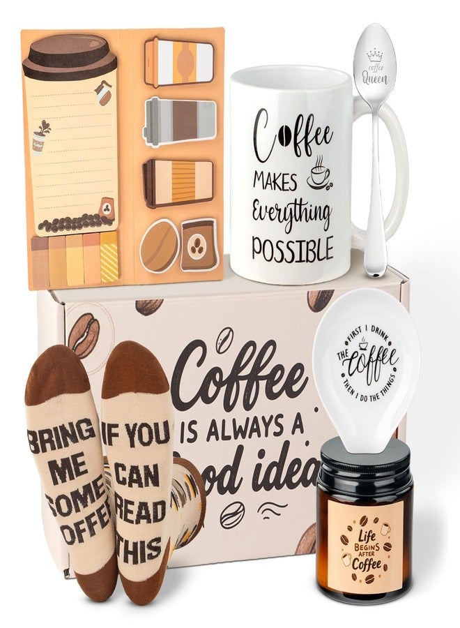 Ithmahco Coffee Lover Gifts for Women Men - Includes Mug Spoon Rest Holder Candle Socks Sticky Notes Set, Coffee Gift Basket for Birthday Mothers Day Galentines Valentines Day Christmas Gift Ideas - Image 1