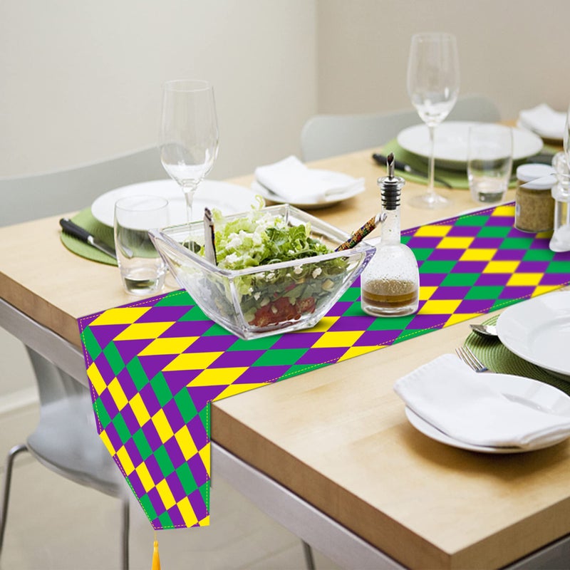 Wehhbtye 2 Pack Mardi Gras Table Runner -12 x71 Table Runner Mardi Gras Decorations with Tassels -Table Runner Dresser Scarves for Table Dinner Holiday Party(Mardi Gras Diamond, 2) - Image 4