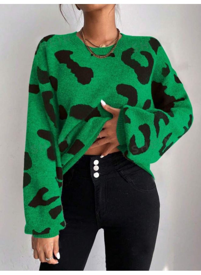 Green European American Classic Leopard Print Sweater, Round Neck Pullover Top