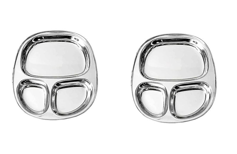 Dynore Stainless Steel 3 in 1 Three Compartment Nasta/Snacks/Kids Nasta Plate/Partition Plate- Set of 2 - Image 1