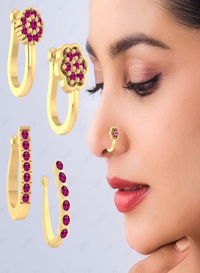 VAMA FASHIONS Gold Plated Ruby Stone Clip On Nose Ring Non Piercing Press on Nosepin Combo for Women - Set of 4 (Clip on Nose rings) - Image 5