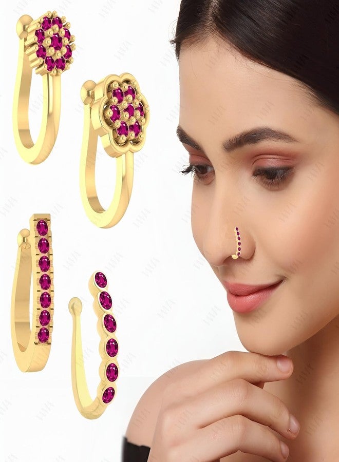 VAMA FASHIONS Gold Plated Ruby Stone Clip On Nose Ring Non Piercing Press on Nosepin Combo for Women - Set of 4 (Clip on Nose rings) - Image 2